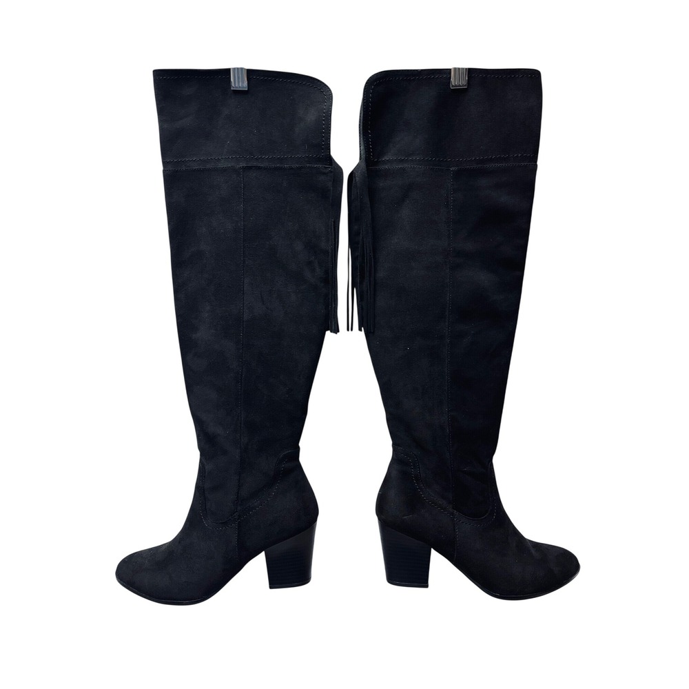 Andrew Geller Guava Boots 7M Black Faux Suede Over The Knee Fringe Block Heel